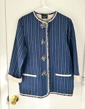Koos of Course! Women’s Collarless Linen Button Striped Jacket Blue White Size S